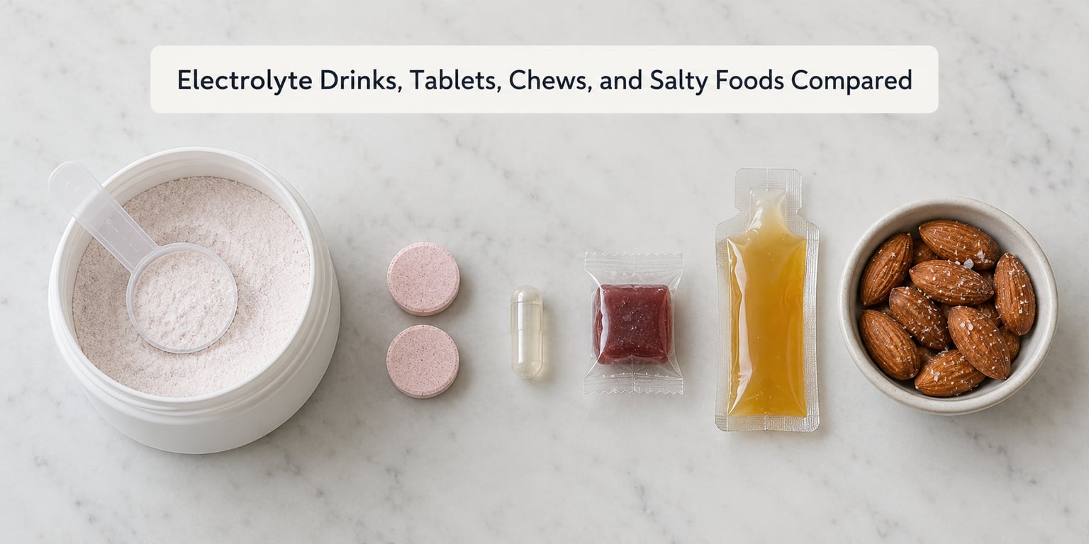 Electrolyte Drinks, Tablets, Chews, and Salty Foods Compared