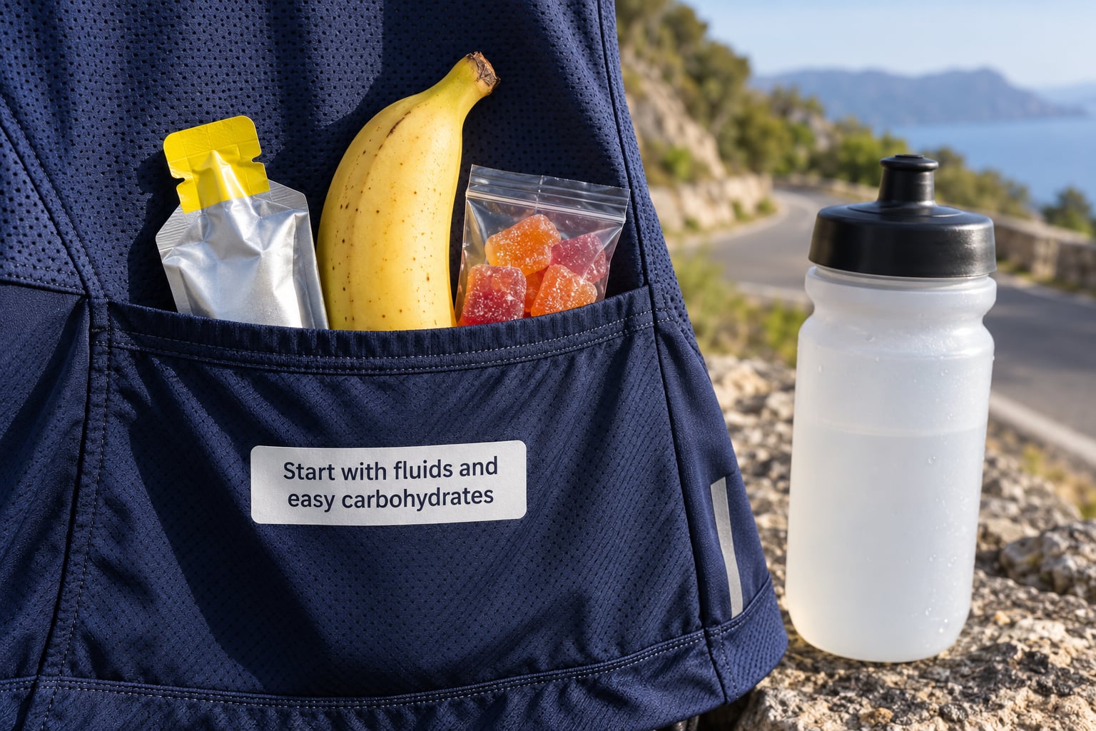 Start with fluids and easy carbohydrates